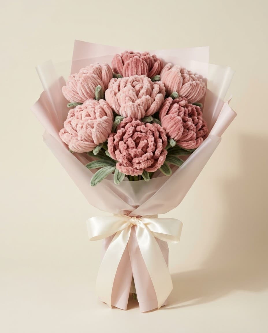 Kraft ambalajda kat kat taç yapraklı pudra rengi el yapımı şönil şakayık buketi